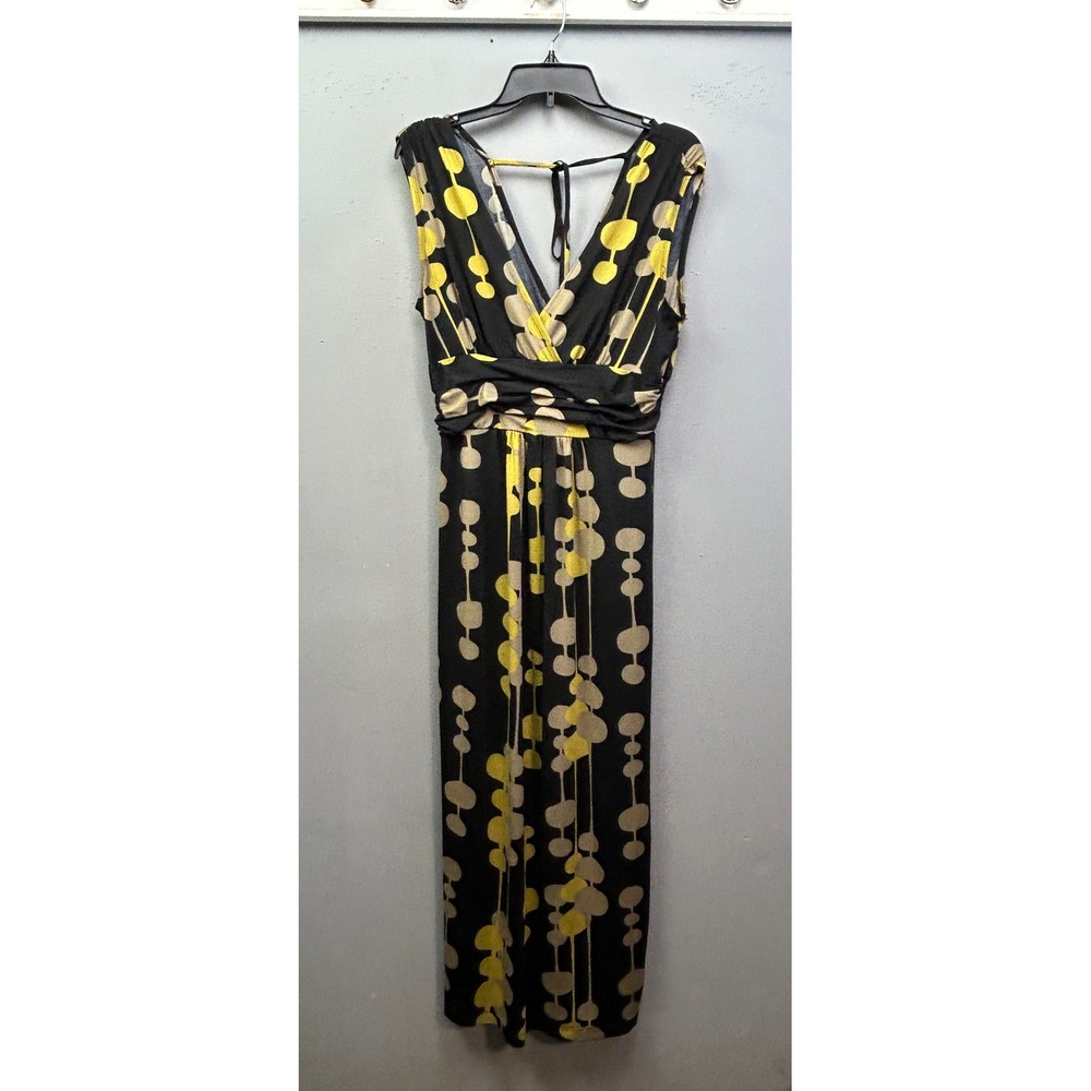 Jonathan Martin Maxi Dress Womens 12 Black Yellow Geometric V-Neck Smocked Back